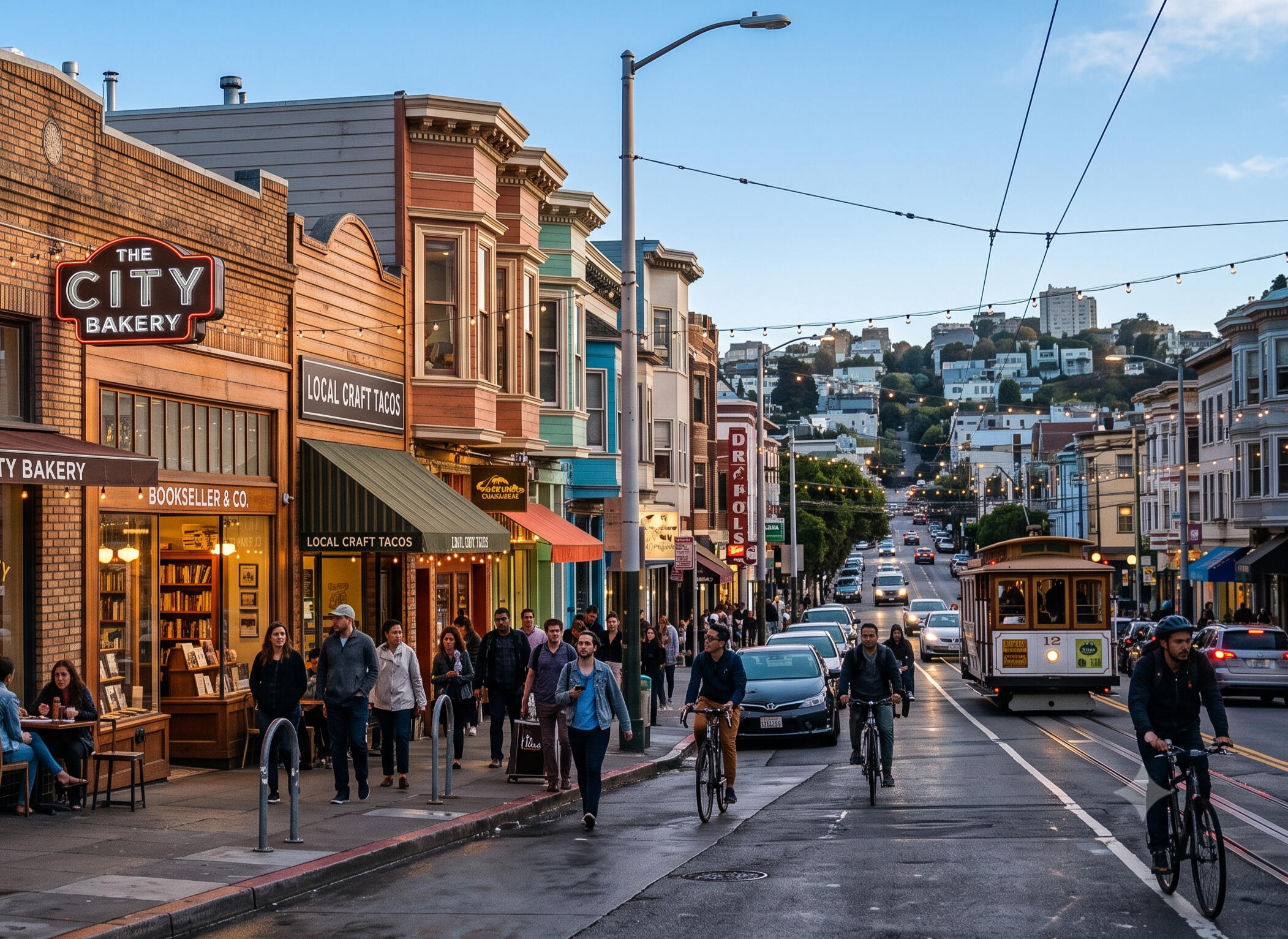 A local street in San Francisco A local street in San Francisco with local businesses, pedestrians, cyclists, cars, and iconic Victorian buildings